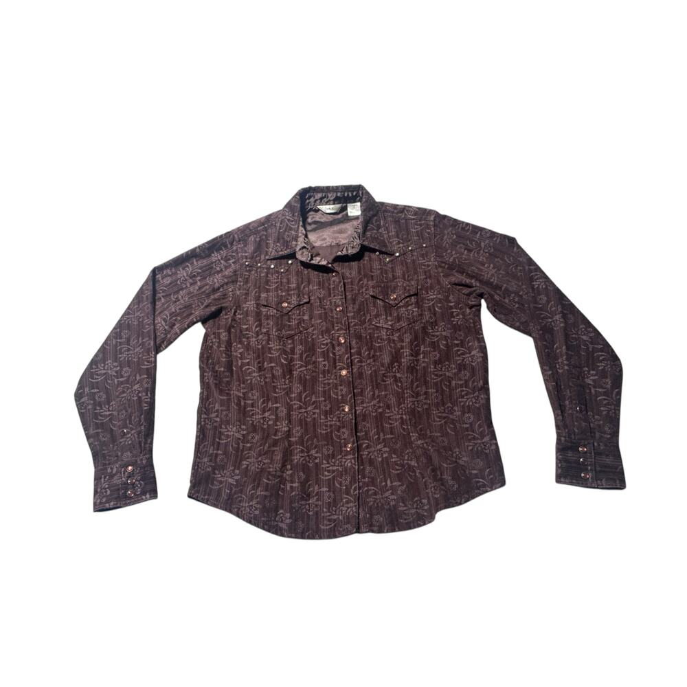 20X Western Shirt Womens L Brown Corduroy Floral Pearl Snap Front Long Sleeve - Picture 4 of 16